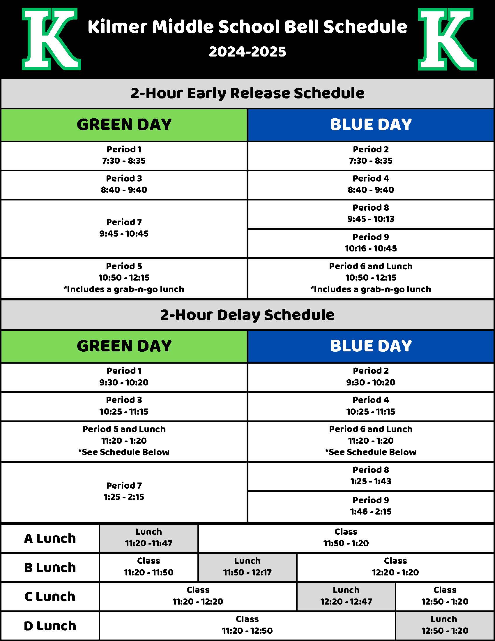 2 Hour Delay and Early Release Bell Schedules Kilmer Middle School